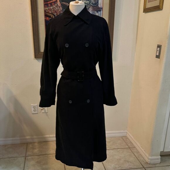 London Fog Black Long Double Breasted Trench Coat w/ Matching Belt Size 6P - Picture 5 of 15